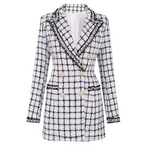Elegant Double-Breasted Tweed Blazer - Black & White